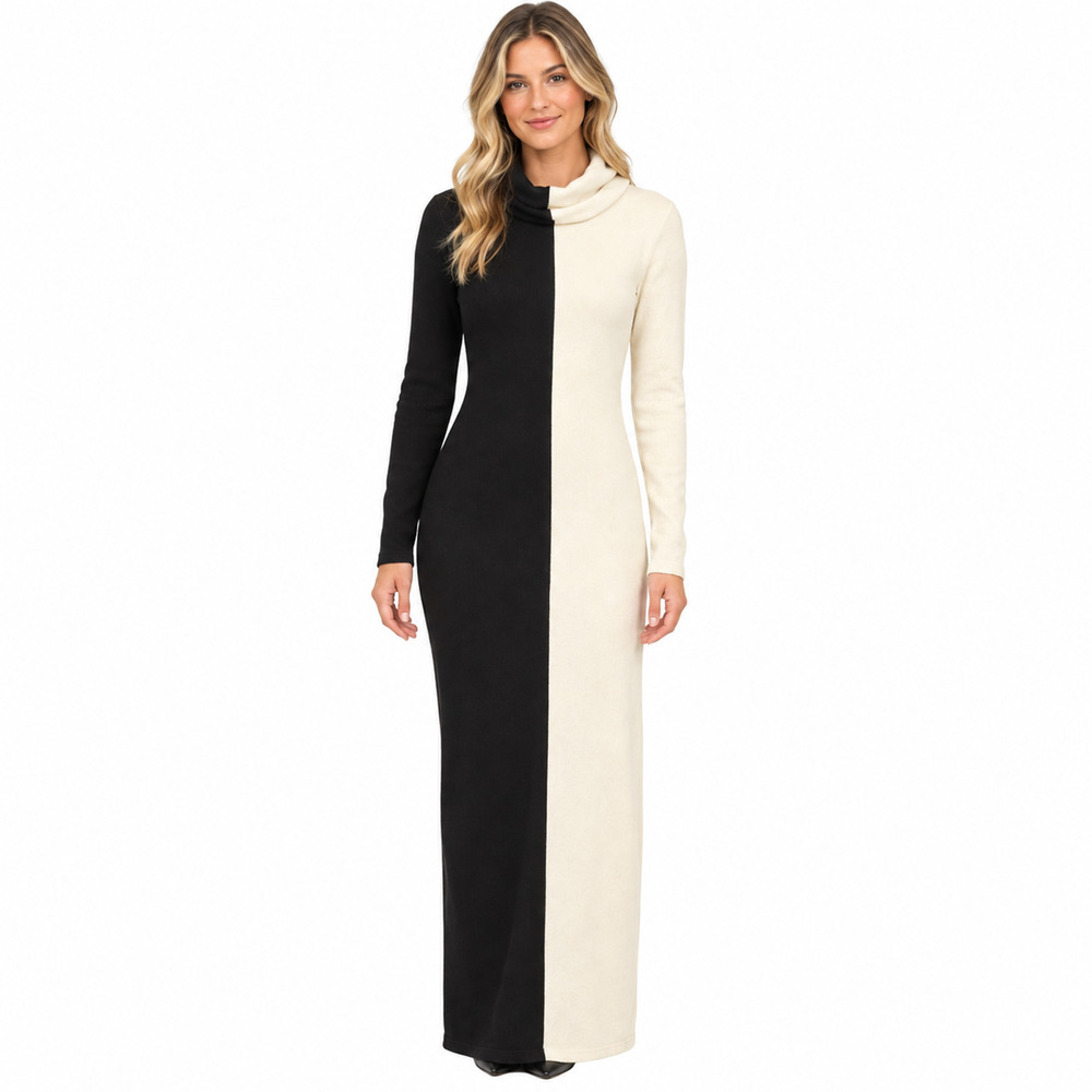 Alice + Olivia Black Ivory Sweater Knit Cowl Neck Long Sleeve Maxi Dress sz S